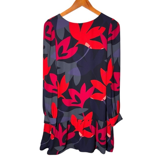 LOFT Red Flounce Fleur Floral Drop Waist Long Sleeve Shift Dress Size Small - Picture 2 of 11